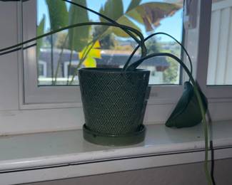 Green Ceramic Planter with Geometric Pattern and Saucer