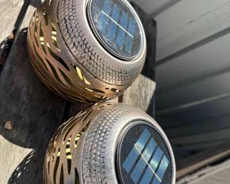 Set of Bronze or Antique Brass Finish Solar Pathway Lights with Flame Cutouts