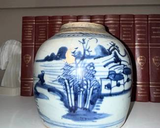 Antique Chinese Blue and White Porcelain Ginger Jar with Landscape Scene