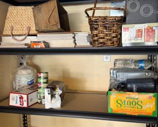 Assorted Kitchen and Home Goods with Wicker Baskets