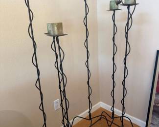 Set of Four Twisted Metal Floor Candelabras with Mottled Glass Candle Holders