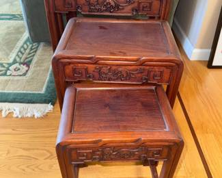 Antique Chinese Rosewood Nesting Tables with Dragon Motif