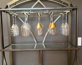 Metal Bar Cart with Glass Shelves and Wine Glass Rack