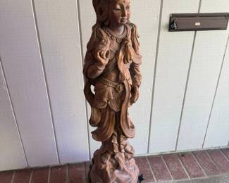 Antique Chinese Carved Wood Statue of Guanyin on Wooden Stand