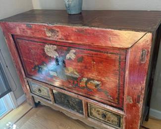 Antique Chinese Painted Red Lacquer Sideboard or Cabinet