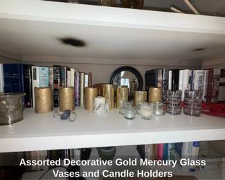 Assorted Decorative Gold Mercury Glass Vases and Candle Holders