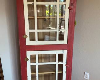 Rustic Red and Cream Corner Cabinet with Glass Doors