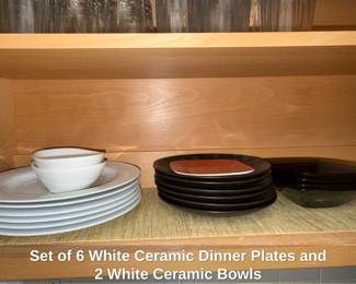 Set of White Ceramic Dinner Plates and White Ceramic Bowls