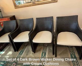 Set of Dark Brown Wicker Dining Chairs with Cream Cushions