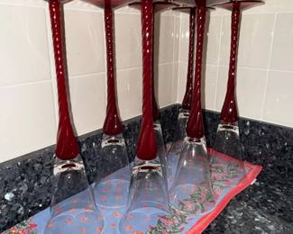 Set of Ruby Red Twisted Stem Wine Glasses