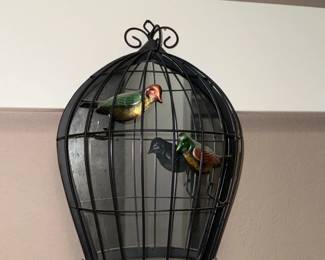 Decorative Metal Birdcage with Two Birds and Integrated Lamp