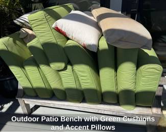 Outdoor Patio Bench with Green Cushions and Accent Pillows