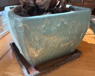 MidCentury Modern Square Ceramic Planter with Saucer