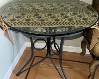 Round Glass Top Side Table with Wrought Iron Base