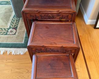 Antique Chinese Rosewood Nesting Tables, Set of , Carved Dragon Motif