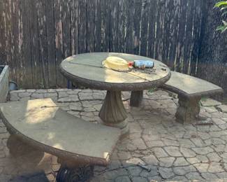 Stained Concrete pedestal table and 2 benches 