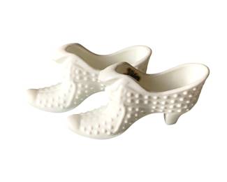 159 - 2 Fenton Hobnail Milk Glass Shoes - 6 x 3 x 1.5