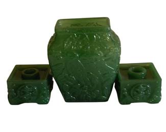 96 - Consolidated Opaque Green Glass Vase & Candlestick (Description): Total 3 pieces 3 x 3 x 2 6 x 6 x 4
