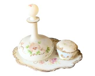 377 - Painted Milk Glass Dresser Set - 12 x 8 x 9