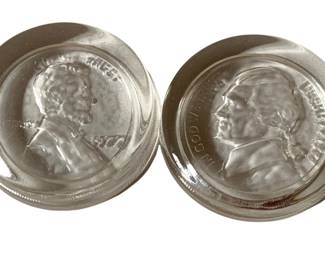 217 - 2 Glass Paperweights - 3.5" Round