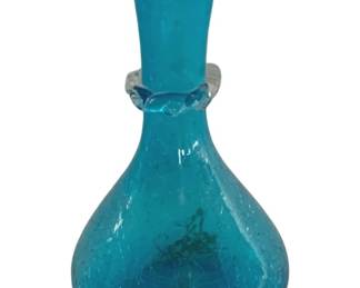 607 - Vintage Blue Crackle Glass Vase - 7.5" Tall
