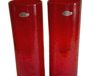95 - 2 Blenko Red Cylinder Vases (Description): 12 x 4