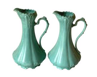 334 - 2 Ceramic Green Pitchers - 12" Tall