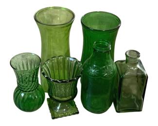 878 - Lot of Assorted Green Glass Vases & Jars