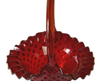 275 - Fenton Red Hobnail Glass Basket - 6 x 9 x 7