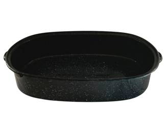 658 - Speckle & Spatter Enamelware Oval Roaster (Description): 19 x 11 x 3.5