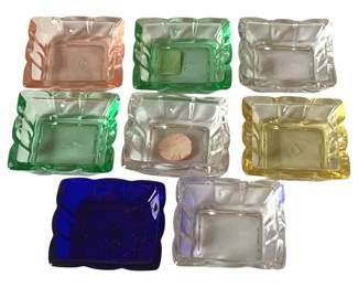 225 - 8 Heisey Glass Butter Pats - 2 1/4 x 2 1/4 (Description): Crystal, Cobalt, Sahara, Flamingo & Moongleam