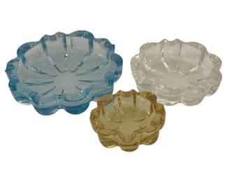 603 - Fostoria Nesting Ashtrays, Topaz Blue Crystal (Description): 5.5", 4", 3"