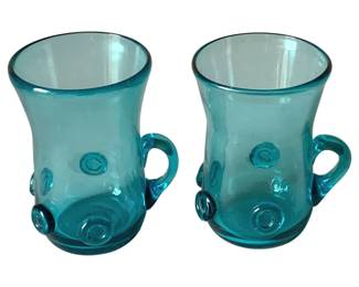 445 - 2 Italian Art Glass Mugs w/ Applied Pontils (Description): 5" Tall
