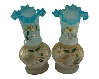 619 - Pair Bristol Painted Vases w/ Butterflies (Description): 10" Tall