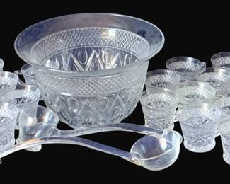 425 - Imperial Cape Cod Glass Punch Bowl Set (Description): 12 x 8, 2 Glass Ladles 23 Cups