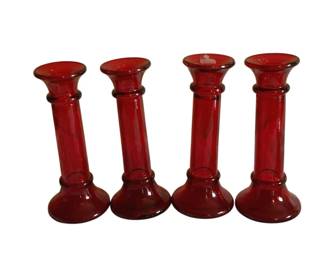 98 - 4 Red Glass Candleholders - 7" Tall