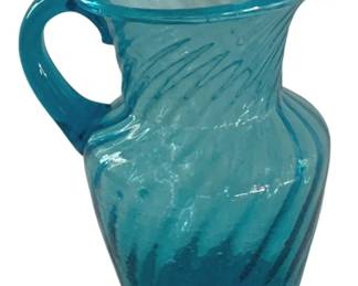 614 - Blue Swirl Blown Glass Pitcher - 5" Tall