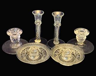 700 - 6 Assorted Glass Candleholders (Description): pair Fostoria American, Pair Imperial Cape  Cod