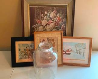 3080 - 4 Framed Prints & Jar