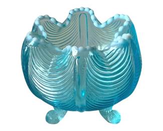 479 - Vintage Fenton Glass Aqua Blue Footed Rose Bowl (Description): 6 x 4