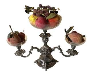 446 - Silverplate Epergne Centerpiece w/ Faux Fruit (Description): 16 x 22 x9