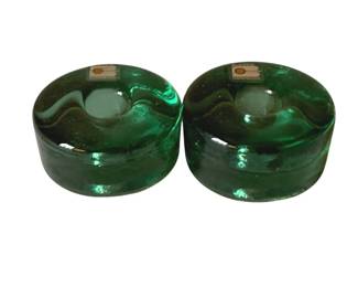 338 - Pair Blenko Green Candleholders (Description): 3 1/4" Round