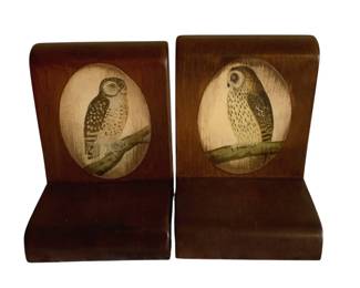 97 - Wood Owl Print Bookends - 7 x 5 x 5.5