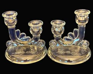693 - Pair Jeanette Glass Candleholders - 6 x 6
