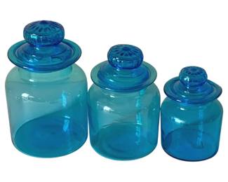 491 - 3 Takahashi Blue Apothecary Jars - 9", 8", 7" Tall (Description): As Is/Cracked