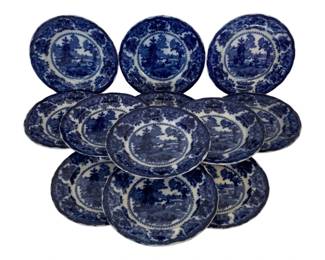 1028 - 12 Flow Blue Plates - 8" Round