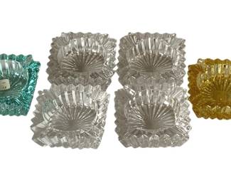 186 - 6 Heisey Ridgeleigh Ashtrays - 3 x 3 (Description): One is moon gleam & One is sahara