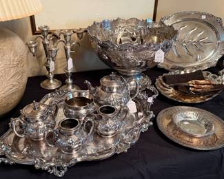 Beautiful silver punch bowl, part tea service, serving pieces