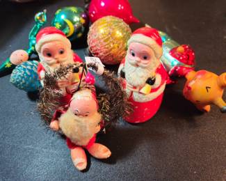 Vintage Santa tabletop toys and ornaments. Italian glass ornaments