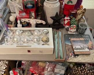 Large selection of Christmas ornaments and decorations.
